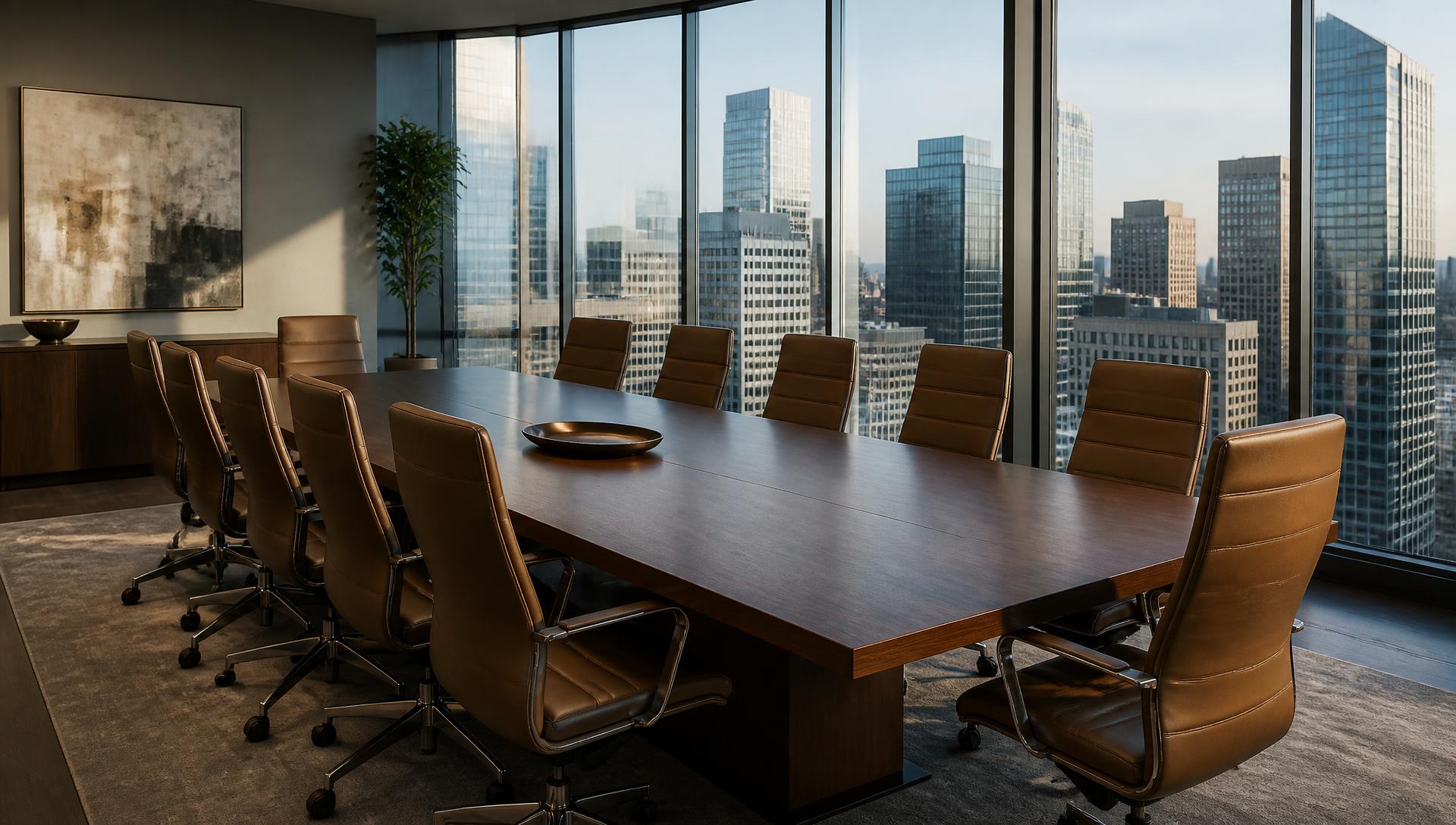 Executive boardroom on a high floor with a walnut conference table and daylight over a downtown business district