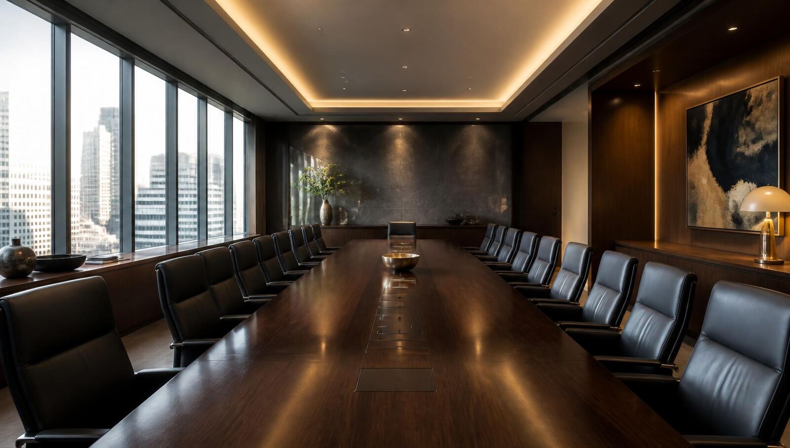 Executive boardroom with a long walnut conference table and windows overlooking a business district