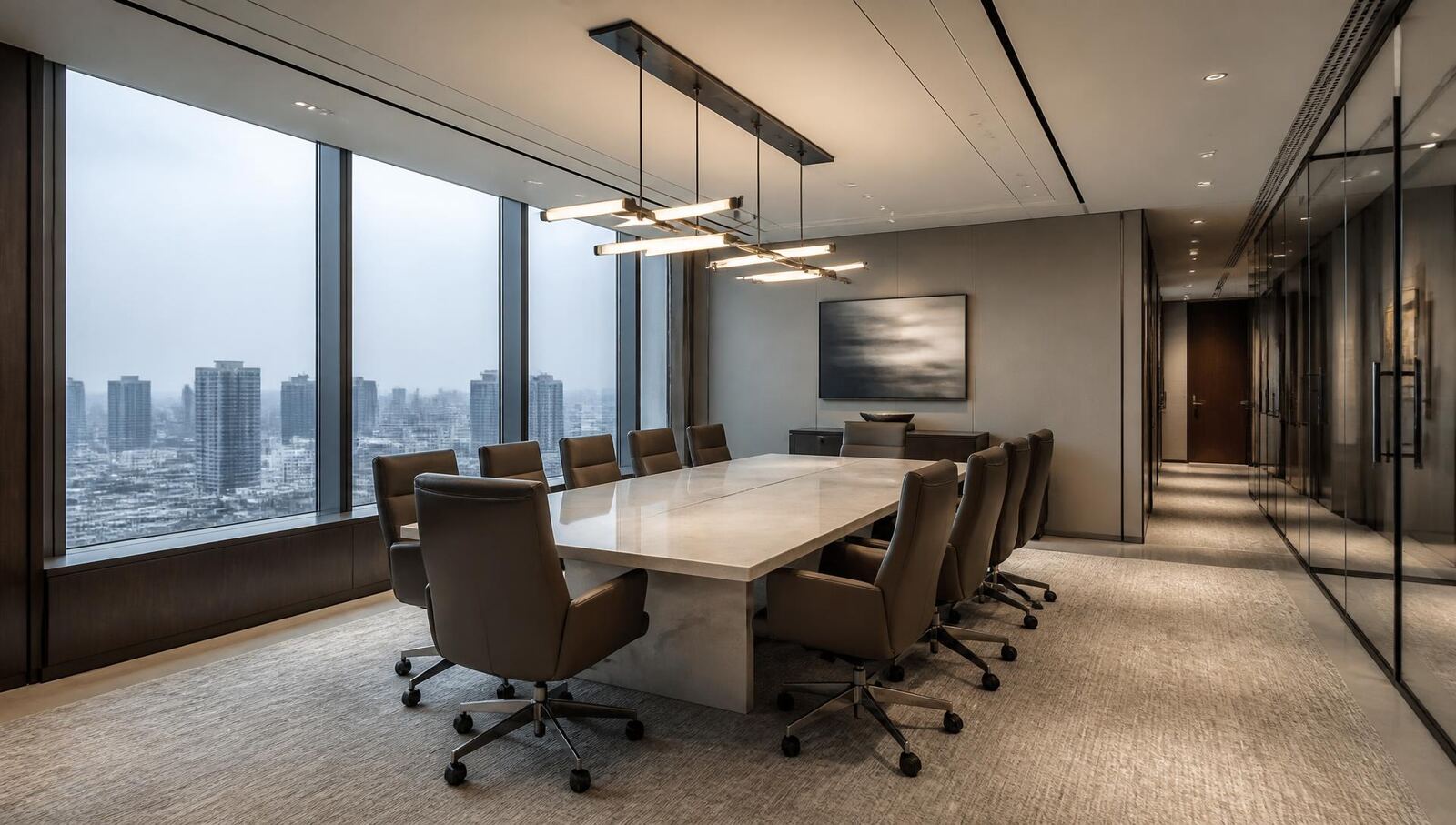 Modern high-rise conference room with a stone table and floor-to-ceiling windows