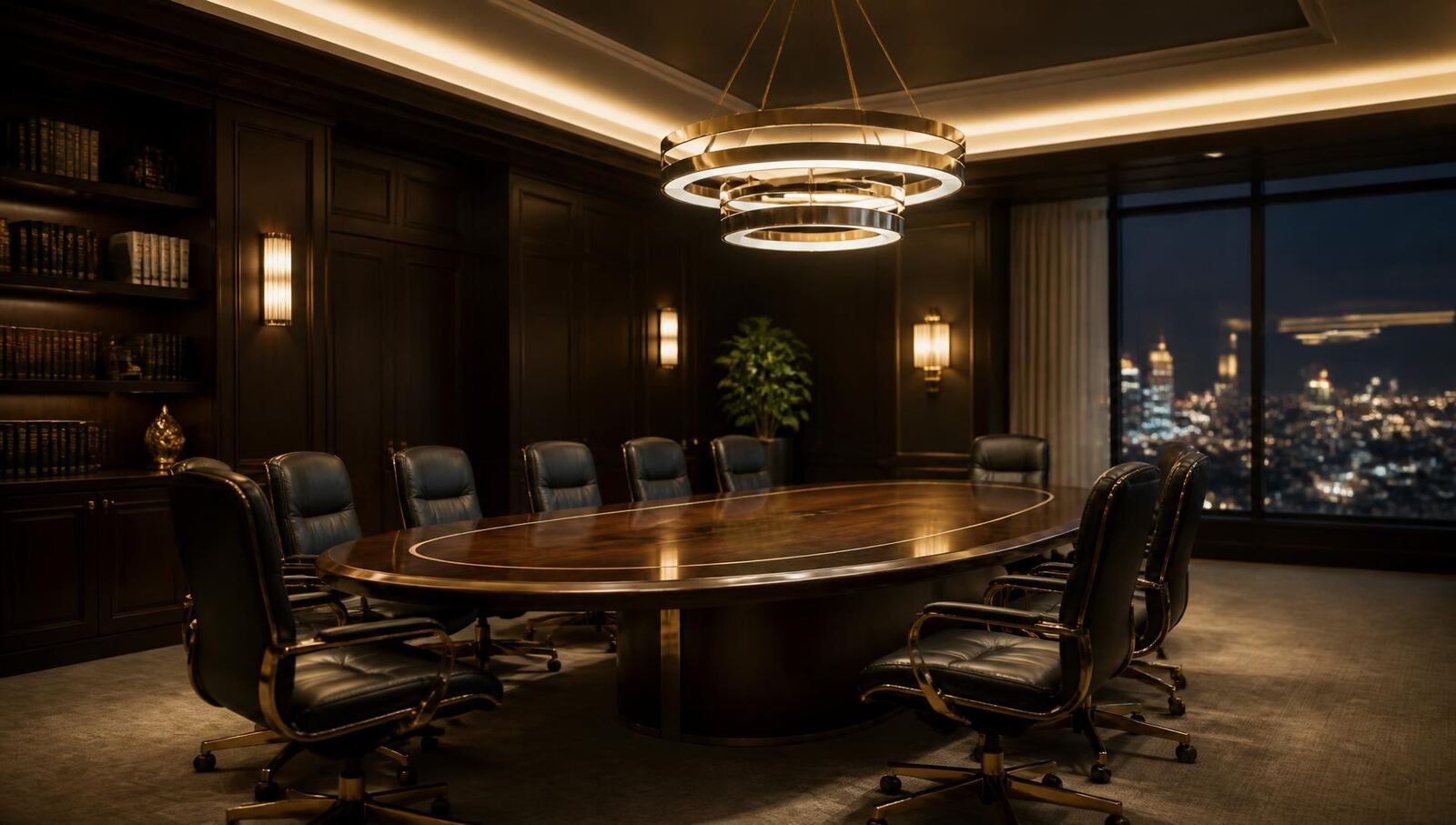 Wood-panelled executive meeting room with an oval boardroom table and evening city view