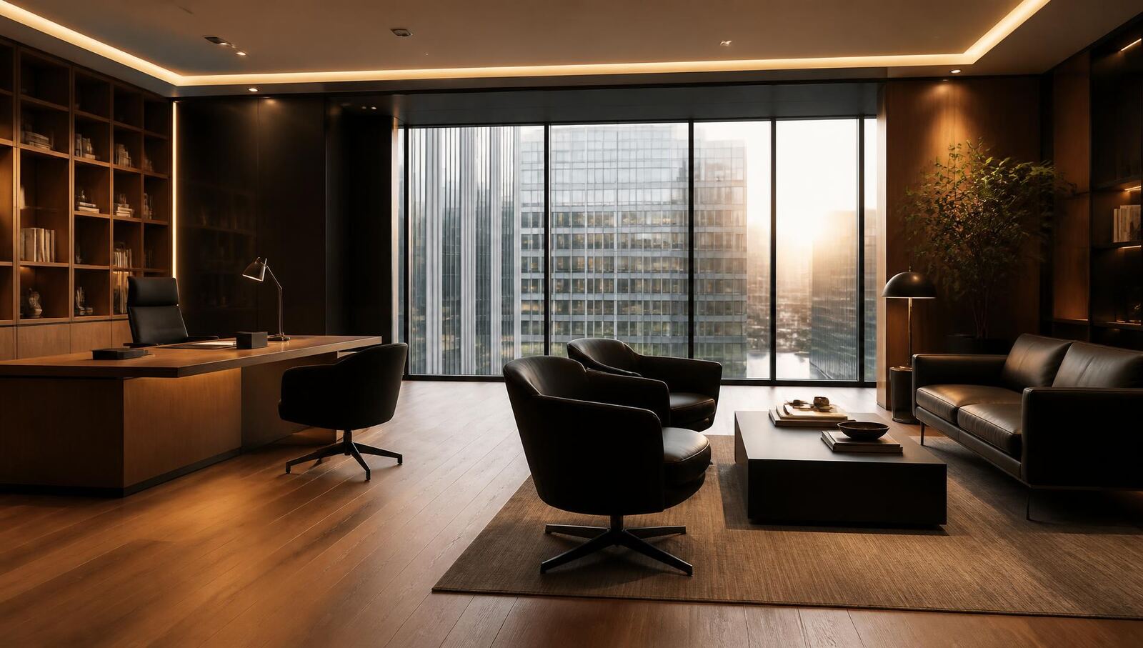 Corporate executive office with a meeting area and daylight through tall windows