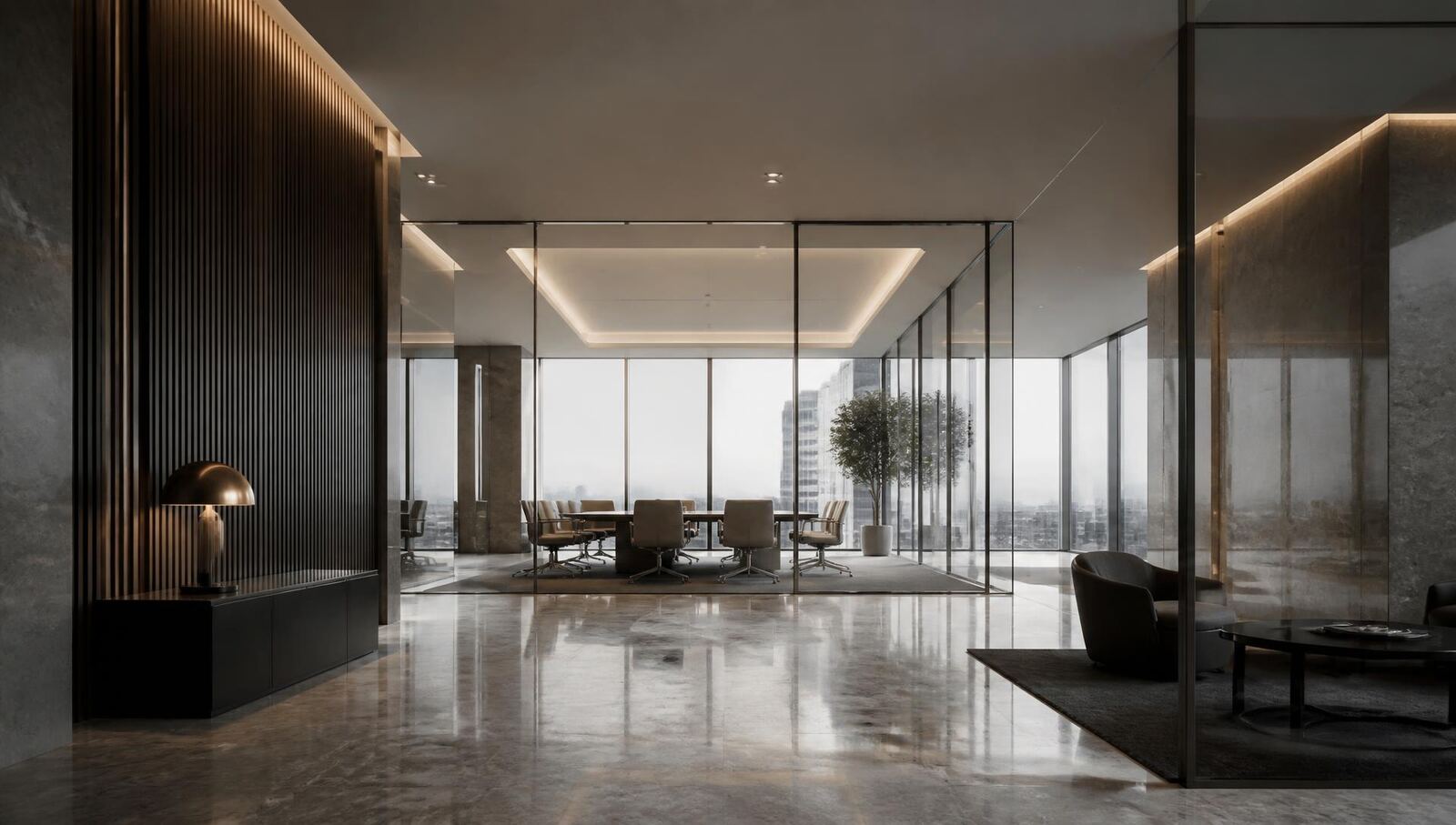 Premium executive floor with a glass-walled boardroom and polished stone flooring