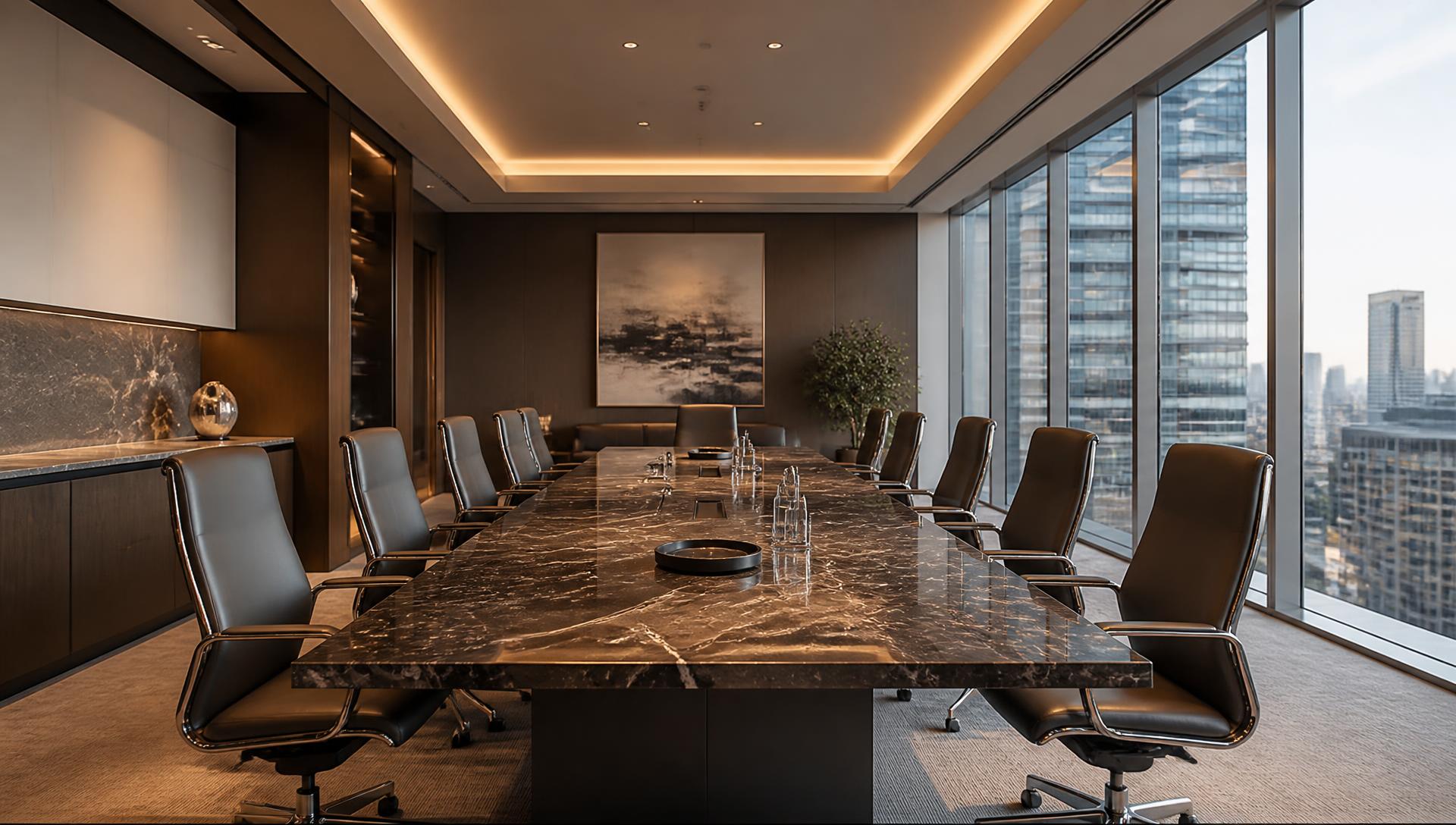 Executive boardroom with a dark marble conference table and daylight over a business district