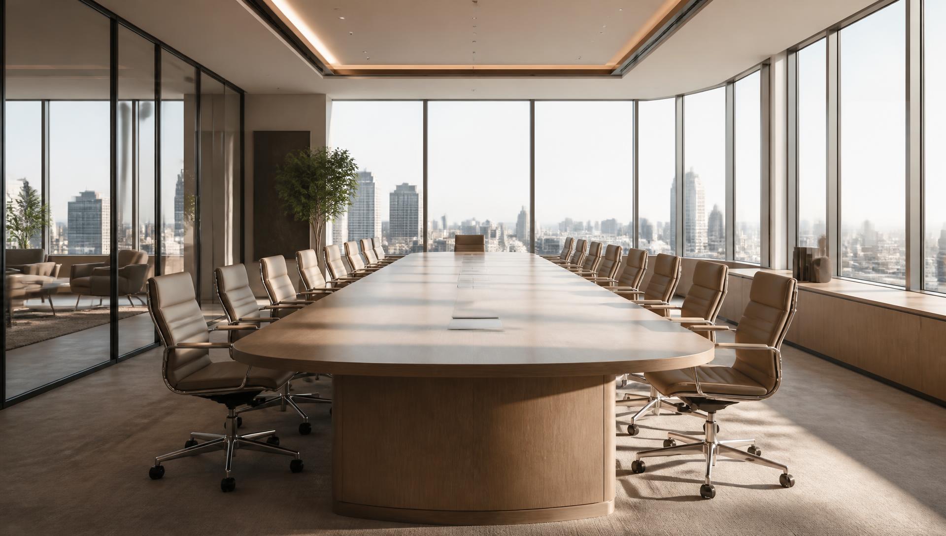 Light-filled high-rise conference room with a pale oak boardroom table and skyline views