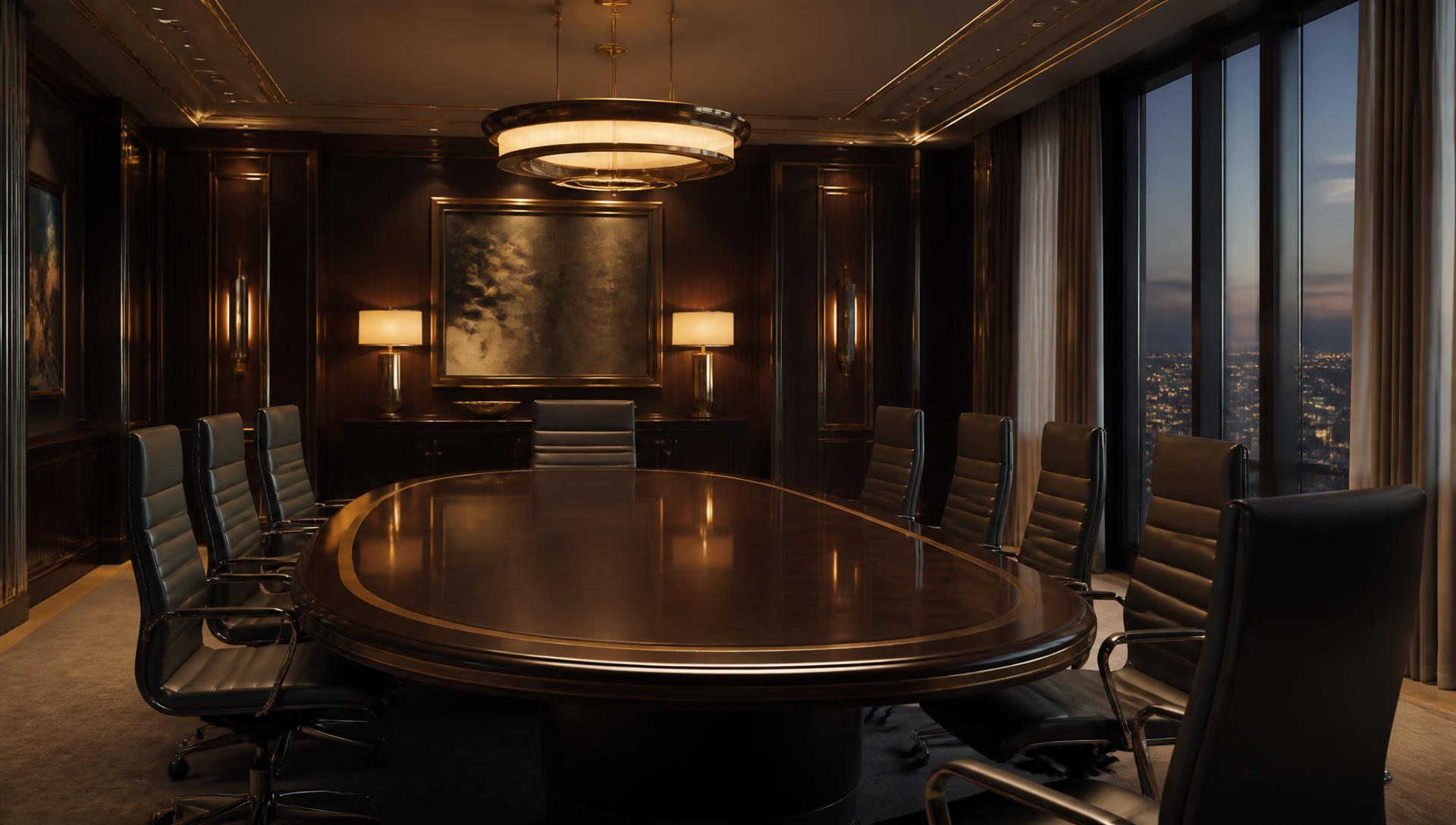 Wood-panelled executive conference room with an oval table and evening city lights