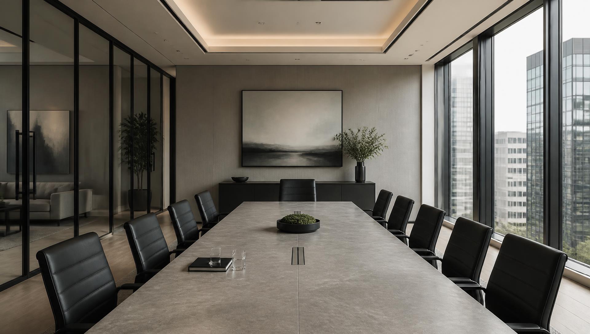 Minimalist corporate meeting room with a grey stone table, black-framed glass walls and daylight