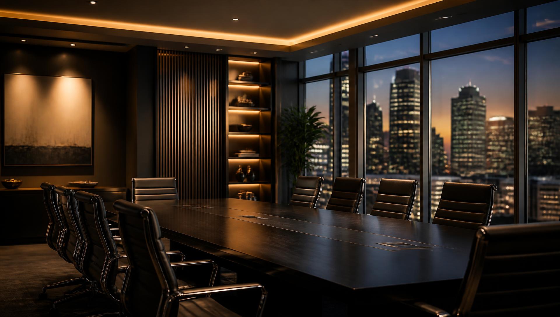 Executive boardroom at dusk with warm lighting and windows over a lit downtown skyline