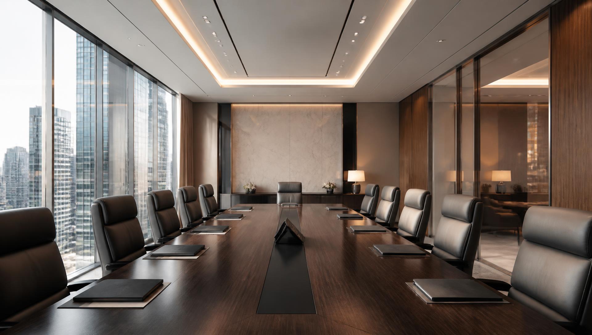Executive boardroom with a long walnut conference table and high-rise windows overlooking a business district
